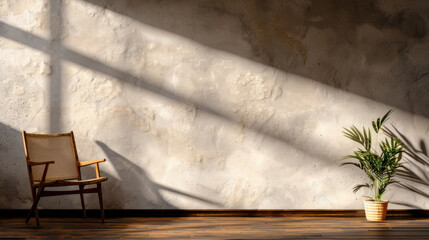 Modern interior featuring classic armless chair beside potted plant, with soft shadows cast on textured wall. warm wooden floor adds cozy touch to serene atmosphere
