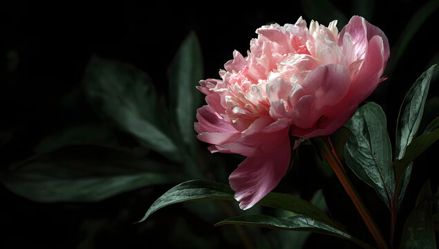 A single pink peony blossom against a dark backdrop - Powered by Adobe