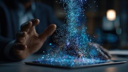 Businessman Using Tablet to Project Sparkling Blue Data Visualization Hologram in Modern Office
