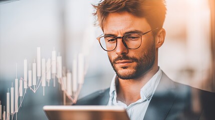 Focused Businessman Analyzing Financial Data on Tablet with Graph Overlay