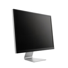 Sleek black computer monitor with a silver stand isolates on a transparent background