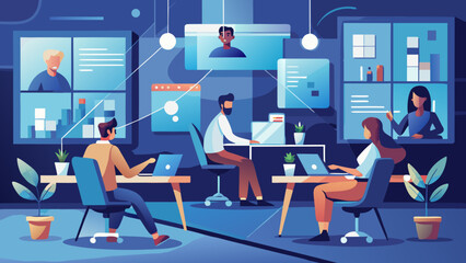 People working remotely in a modern office setting