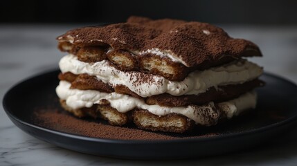 Premium tiramisu layers artfully displayed in cross-section revealing distinct coffee-soaked ladyfinger structure alternating with mascarpone cream dusted with cocoa powder on sophisticated dark plat