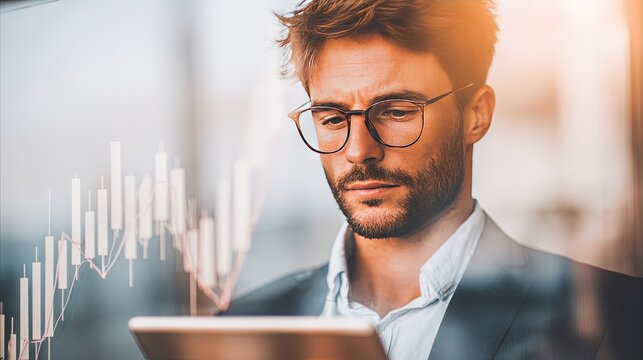 Focused Businessman Analyzing Financial Data on Tablet with Graph Overlay