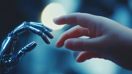 Human Hand Reaching Toward Futuristic Robotic Hand in Soft Light