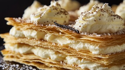 Mascarpone cream application demonstrating professional patisserie technique with layered cream filling between golden pastry sheets and elegant plating presentation
