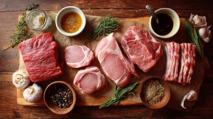 An overhead view of raw pork cuts, including chops, ribs, and tenderloin, arranged on a butcher's block with seasonings and marinades ready for preparation.