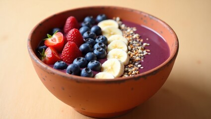 Un taz&oacute;n de batido colorido cubierto con bayas frescas, rodajas de banana, hojuelas de coco y semillas de ch&iacute;a, servido en cer&aacute;mica r&uacute;stica