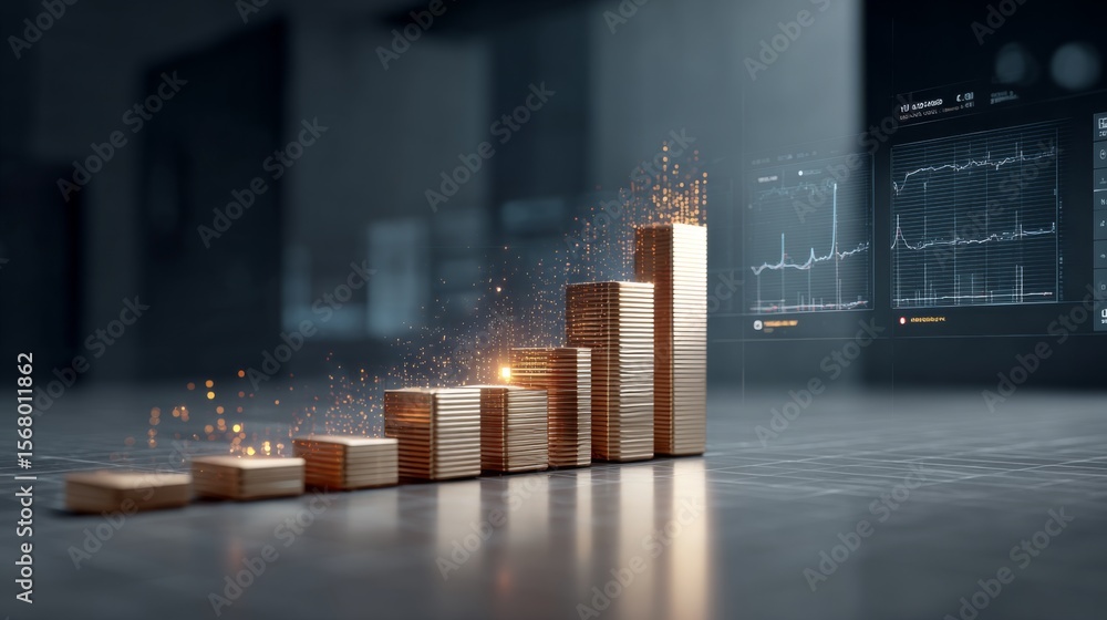 Poster a d bar graph with bright, metallic bars showing financial data in a minimalist setting, with a mode