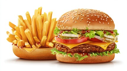 Burger and fries, cheese oozing, toppings galore. Sesame bun, stacked high