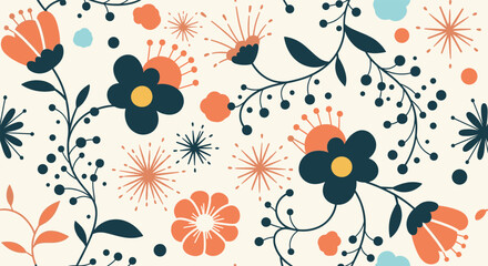 Whimsical Garden Blossoms Featuring Deep Navy Flowers and Soft Orange Accents