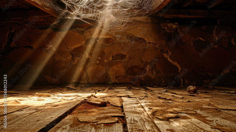 Poster dusty attic wall with cobwebs and old wood texture creates mysterious atmosphere, illuminated by bea