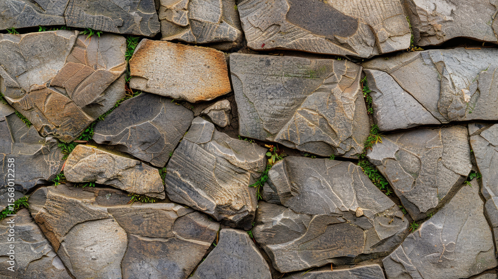 Poster dusty stone pavement with moss lines and chipped edges creates rustic and natural appearance, perfec