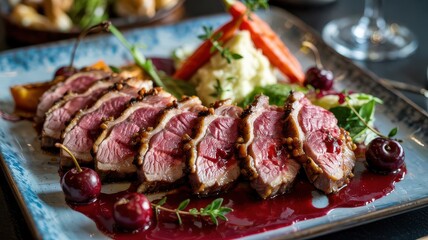 Cherry glazed duck breast medallions sliced and fanned on glass plate with burgundy sauce and fresh cherries