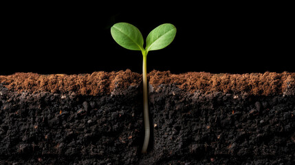 Young seedling emerges from rich, dark soil, symbolizing growth and renewal in nature. This captures essence of life and importance of nurturing environment