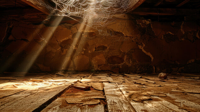 Dusty attic wall with cobwebs and old wood texture creates mysterious atmosphere, illuminated by beams of light filtering through darkness. scene evokes sense of nostalgia and abandonment