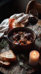 French cuisine concept with coq au vin and red wine for culinary delights