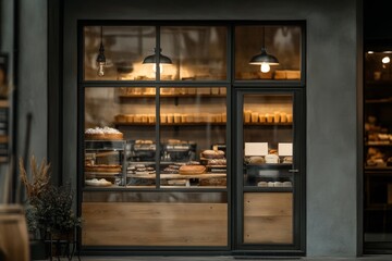 Stylish urban bakery display with glass window for logo mockup design
