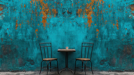 Vibrant turquoise wall serves as backdrop for minimalist cafe setup featuring two black chairs and small wooden table, creating cozy and inviting atmosphere