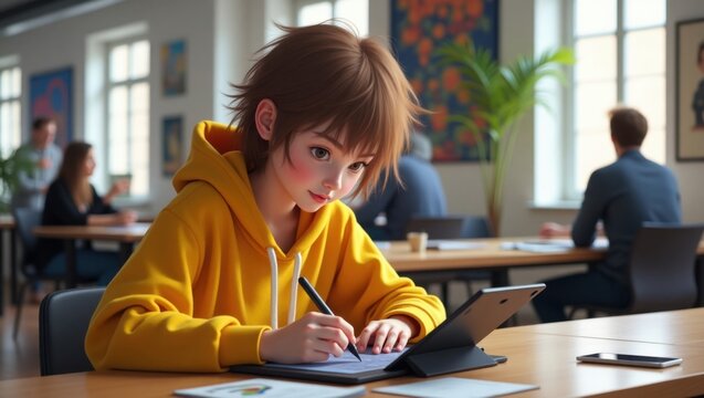 Pintor digital concentrado con sudadera amarilla trabajando en el diseño de personajes con una tableta de alta tecnología en un espacio de trabajo creativo