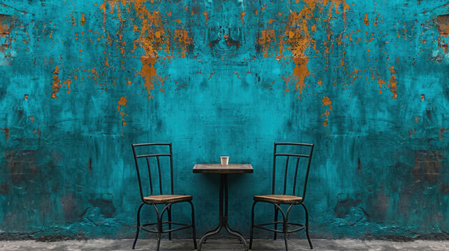 Vibrant turquoise wall serves as backdrop for minimalist cafe setup featuring two black chairs and small wooden table, creating cozy and inviting atmosphere