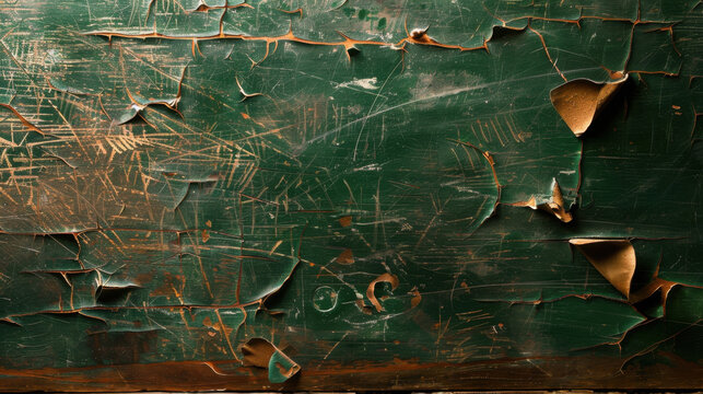 Faded green chalkboard with scratches and peeling paint, showcasing textured surface that evokes nostalgia and creativity. worn appearance adds character and history