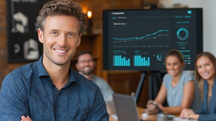 Confident businessman with team in modern office presenting financial data and charts on screen for corporate strategy meeting