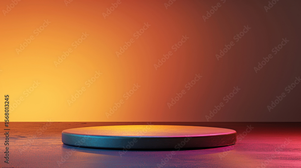 Poster geometric podium setup with smooth surface, illuminated by gradient background featuring warm orange