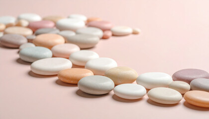 Smooth Colorful Stones Arranged on a Soft Pink Background