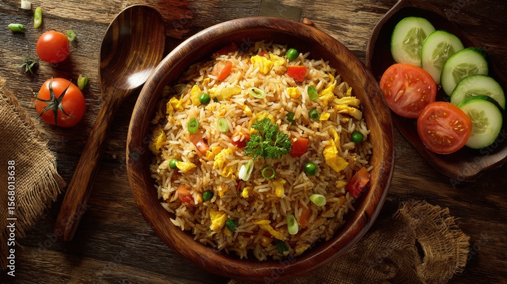 Poster A beautiful overhead view of a bowl of fried rice with various toppings, including sliced cucumber and tomatoes, creating a colorful and inviting composition.