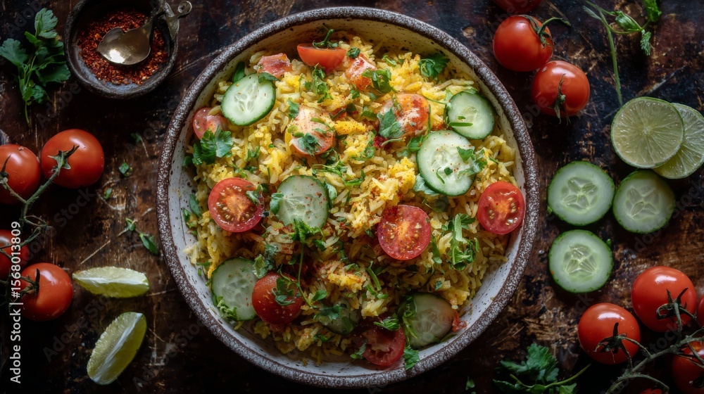 Poster A beautiful overhead view of a bowl of fried rice with various toppings, including sliced cucumber and tomatoes, creating a colorful and inviting composition.