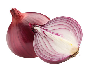 A close up shot of a whole red onion and a halved red onion on a black background in bright lighting