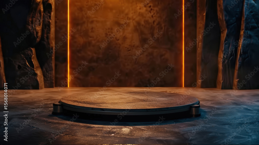 Poster futuristic podium sits in dimly lit environment, surrounded by textured walls and illuminated by sof