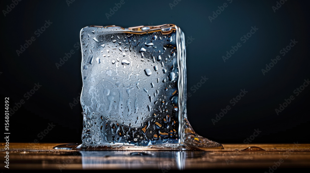 Poster clear ice cube with condensation sits on wooden surface, reflecting light under dark background. int