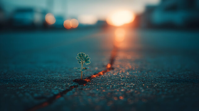 A tiny plant bravely pushes through a crack asphalt during a vibrant sunset.