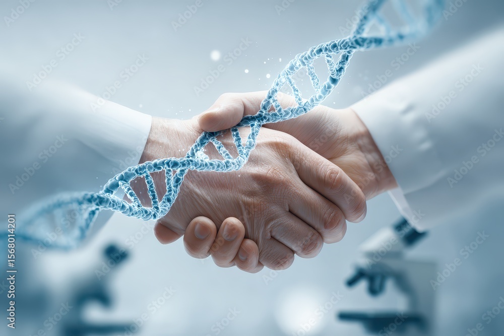 Aufkleber collaboration in science with dna model and handshake concept in lab setting