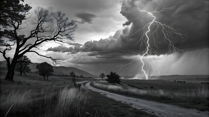 Dramatic Lightning Strike Over Countryside – Black and White Storm Landscape