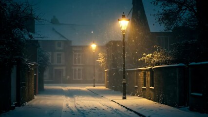Snow-covered street at night with glowing lamps and falling snowflakes, peaceful winter scene