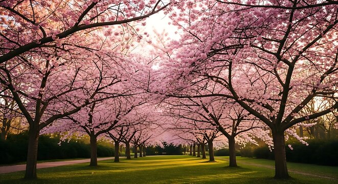 Serene view of a park path lined with blooming cherry blossom trees creating a beautiful springtime scenery.