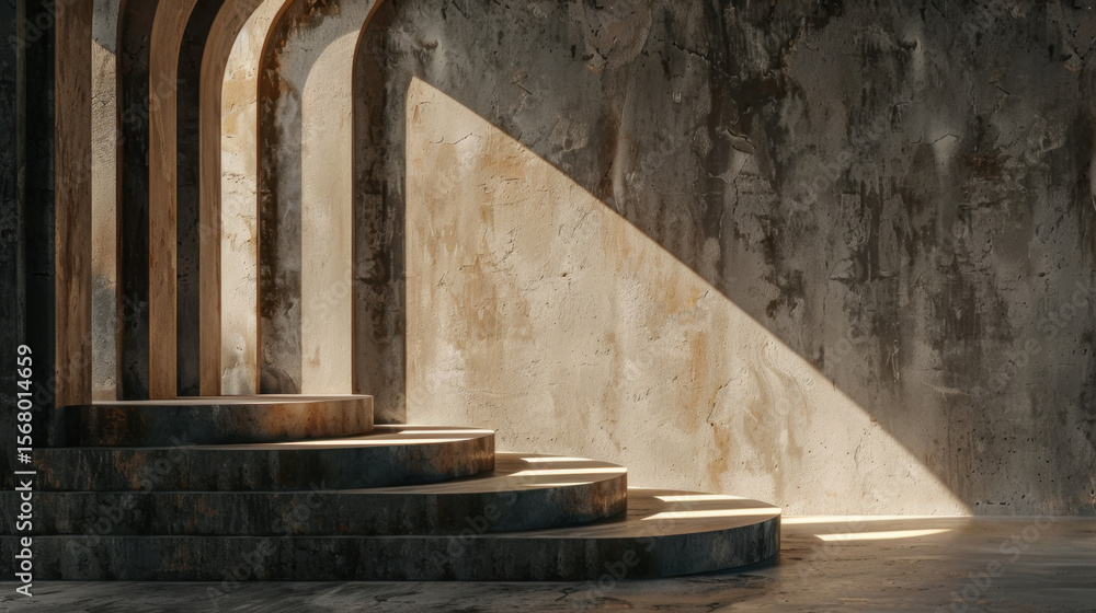 Poster minimal concrete podium with curved edges and soft light casting shadows on textured wall, creating 