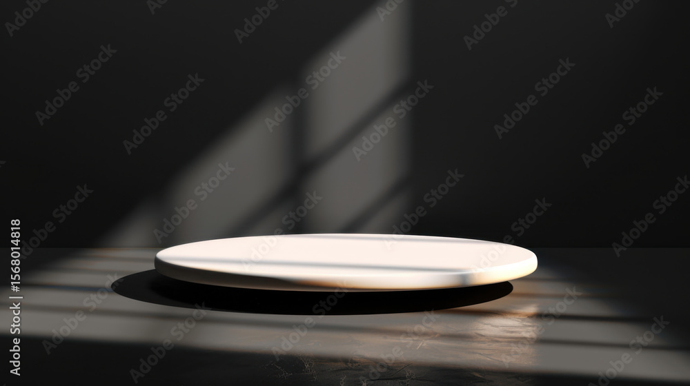 Poster minimalist cylindrical podium with soft shadows, creating serene atmosphere in dark setting. smooth 
