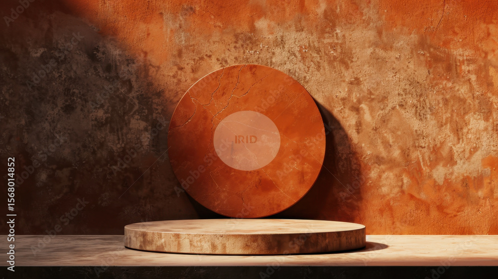 Poster minimalist podium set featuring circular top and textured background in warm orange tones, creating 