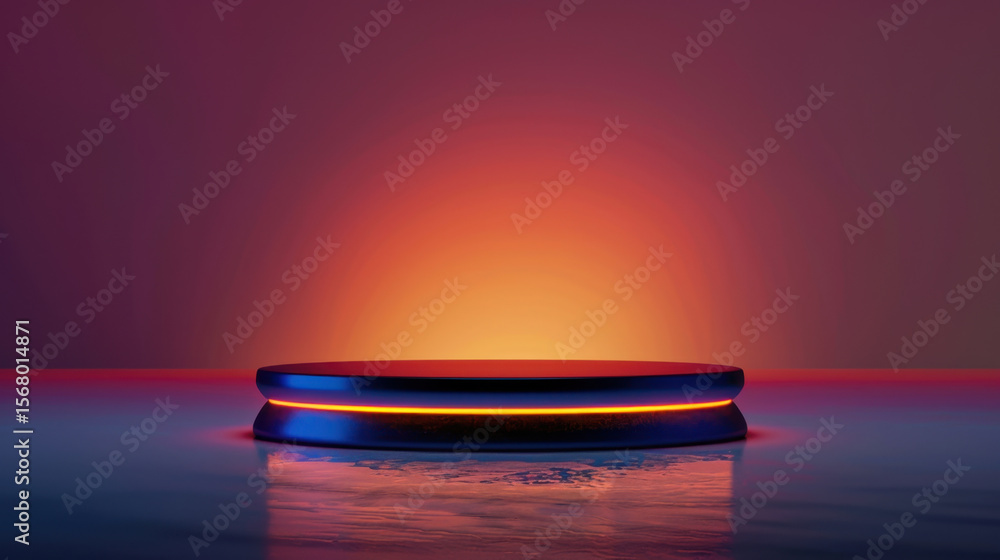 Poster minimalist podium set with soft gradients and floating appearance, illuminated by warm glow, creates