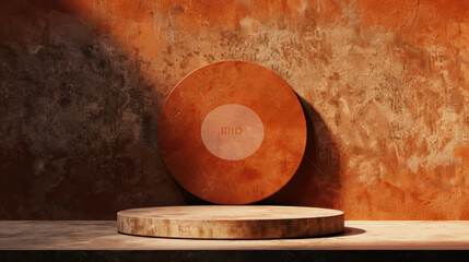 Minimalist podium set featuring circular top and textured background in warm orange tones, creating serene and modern atmosphere. soft gradients enhance visual appeal