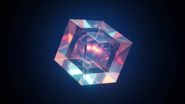 Transparent glass cube in neon lighting abstract style, blue and pink colors, futuristic technology concept background