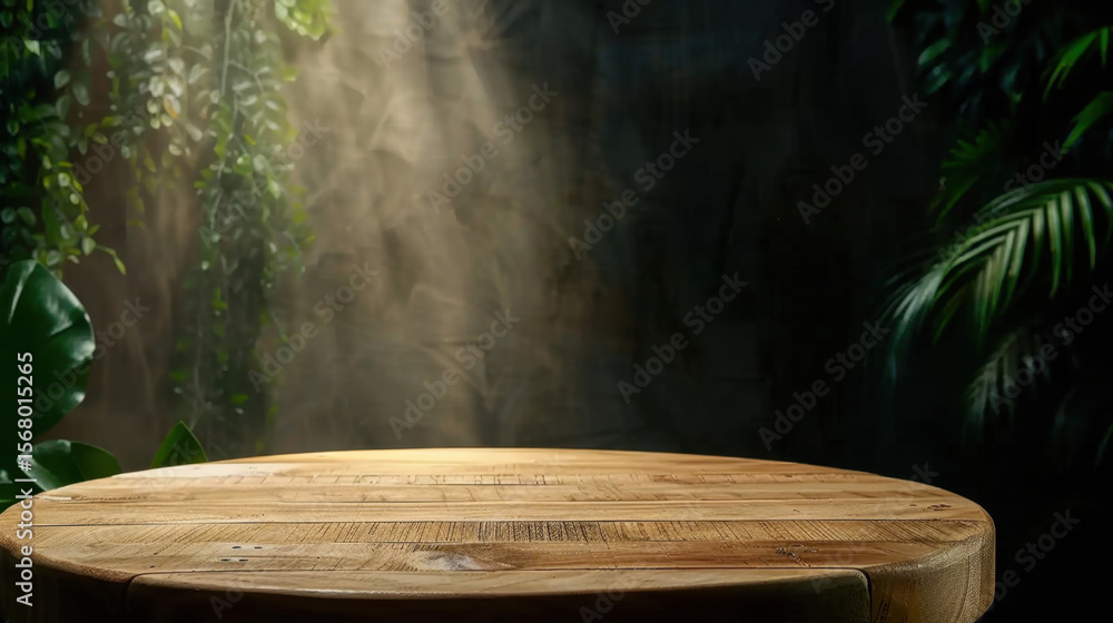 Poster beautifully crafted wooden podium sits in serene environment, illuminated by soft light filtering th