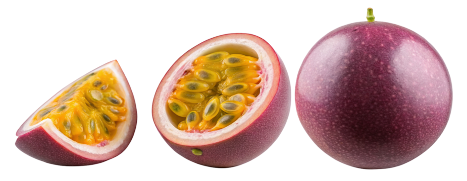 A close up shot of three passion fruits one whole and two cut sections on a black background studio shot