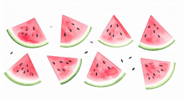 やさしい夏の雰囲気を描いた手描きスイカの水彩イラスト &ndash; 優しい色合いの種入り断面
Gentle Summer Vibes &ndash; Hand-painted Watercolor Illustration of Watermelon Slices with Soft Tones
