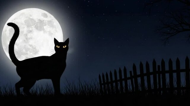 Animated silhouette of a black cat with glowing eyes under the full moon at night 4K Ai HD video.

