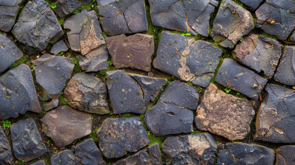 Fototapeta premium Old stone tiles with moss growing in cracks create rustic and natural texture, showcasing beauty of nature reclaiming man made surfaces
